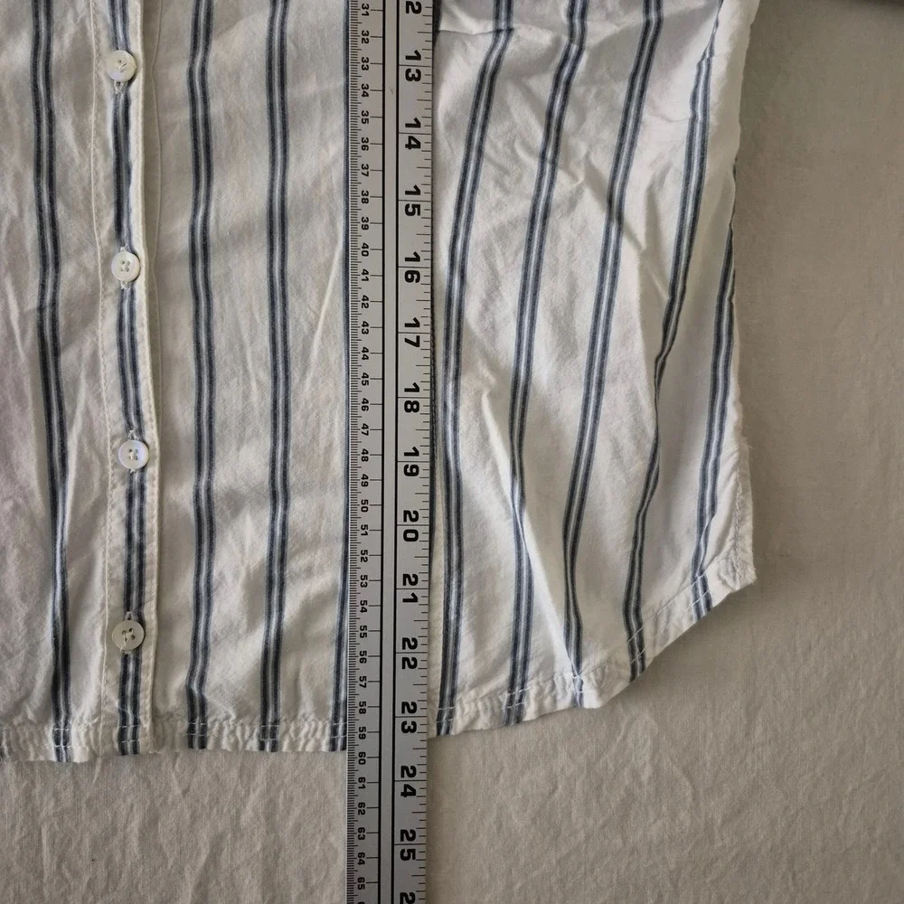 Free People Striped Puff Sleeve‎ V-Neck Tie Back Blouse White Blue Sz M Nautical
